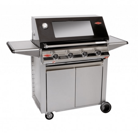 Barbacoa de gas Signature Designer de 4 quemadores sobre carro premium de acero inoxidable con estantes laterales y almacenamiento inferior