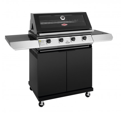 Barbacoa BeefEater Discovery 1200E sobre carro negro con ruedas y estantes laterales para una cocina exterior modular versátil