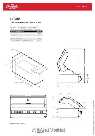 Diagrama de dimensiones y especificaciones de encastre para la instalación de la barbacoa de gas BeefEater Signature 7000 Premium de 5 fuegos