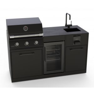 cocina exterior Brabura Grills con barbacoa encastrable, nevera y lavabo