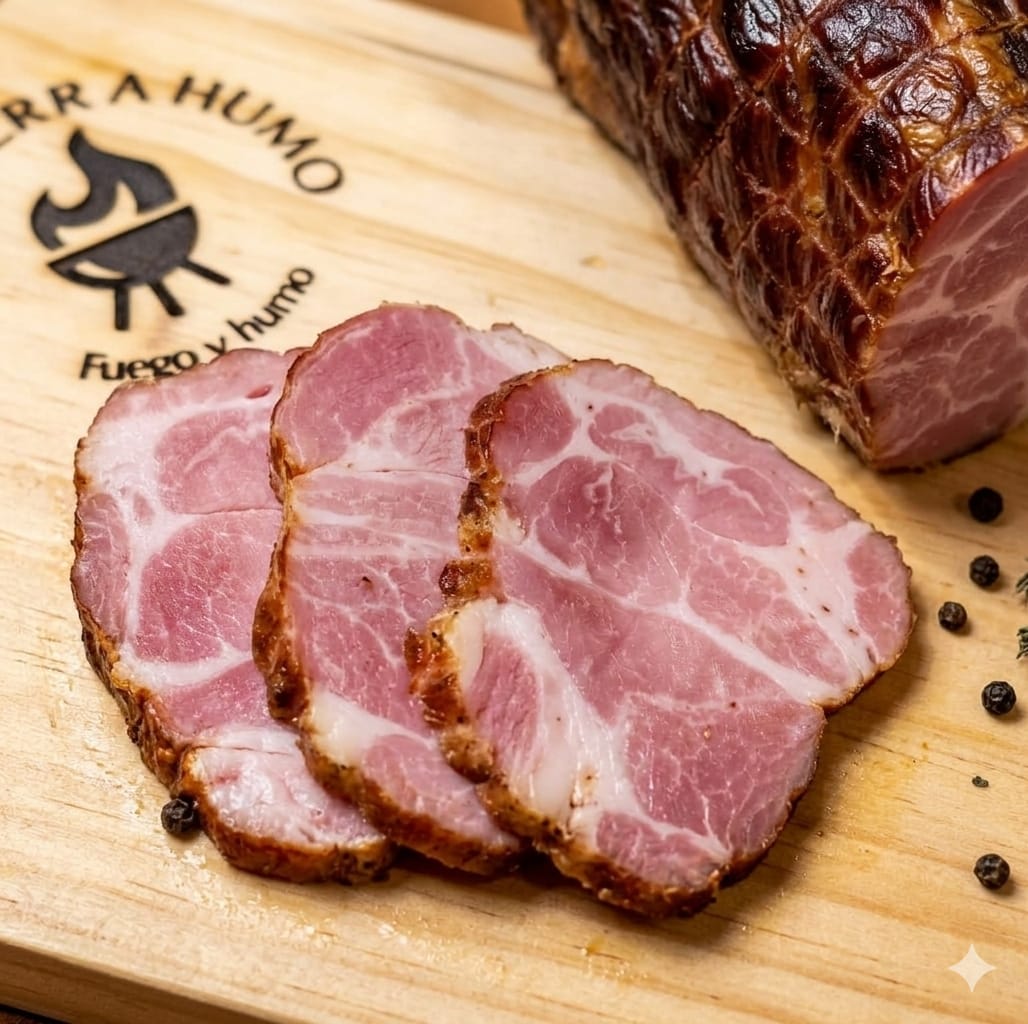 Corte de cabezada de cerdo ahumada lentamente en kamado profesional para obtener máxima jugosidad