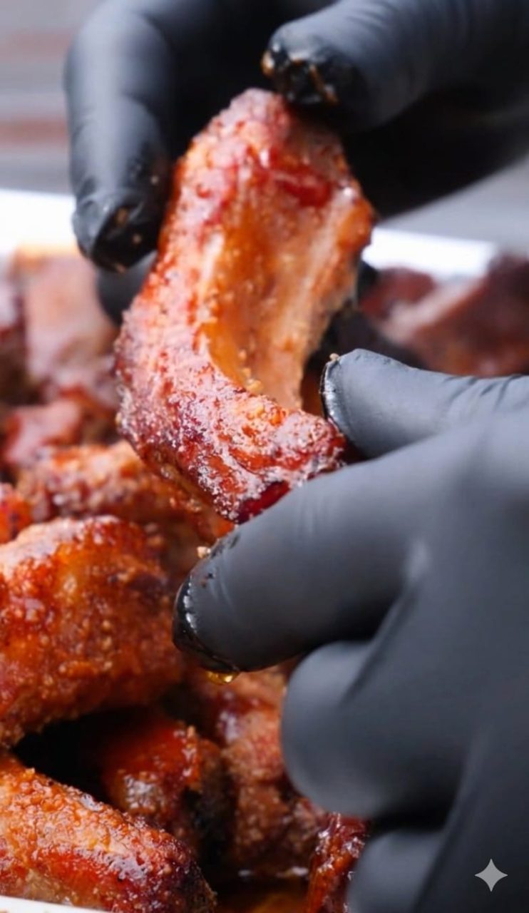 costillas de cerdo siendo manipuladas por las manos de un chef con guantes de nitrilo negro
